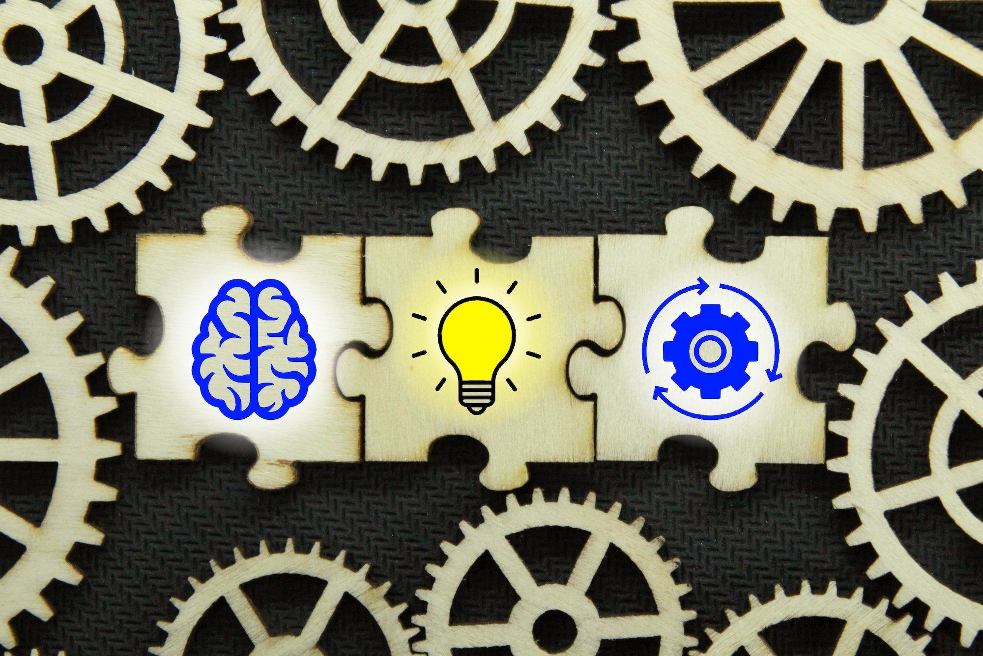 puzzle with brain, idea and management icons.